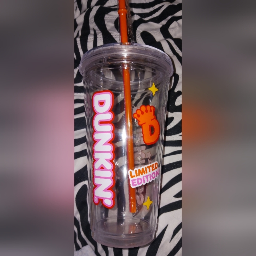 Dunkin' DUNKINGS Limited Edition Clear Water Bottle Cup  - Orange Straw - NEW